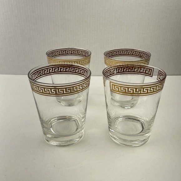 Vintage Mid Century Gold Greek Key Lowball Rocks Set of 4 Glasses Barware